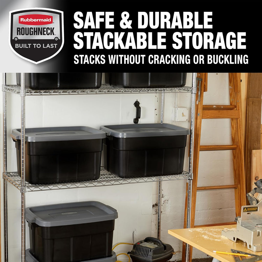 Rubbermaid Heavy Duty Black Storage Bins - Durable, Stackable Plastic Totes with Lids | 14 GAL, 6 Pack