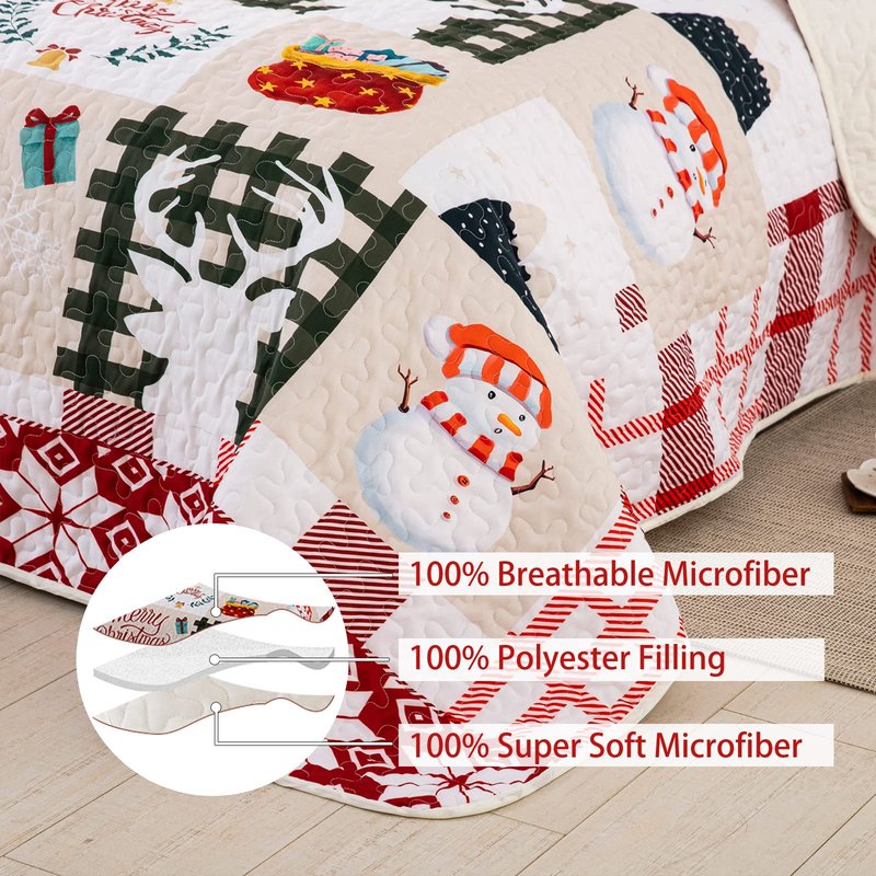 Dobuyly Christmas Quilt Set King, Christmas Tree Snowman Reindeer Pattern Bedding Bedspread Coverlet, Soft Microfiber Lightweight Holiday Christmas Quilt with 2 Pillowcases 90"x 103"
