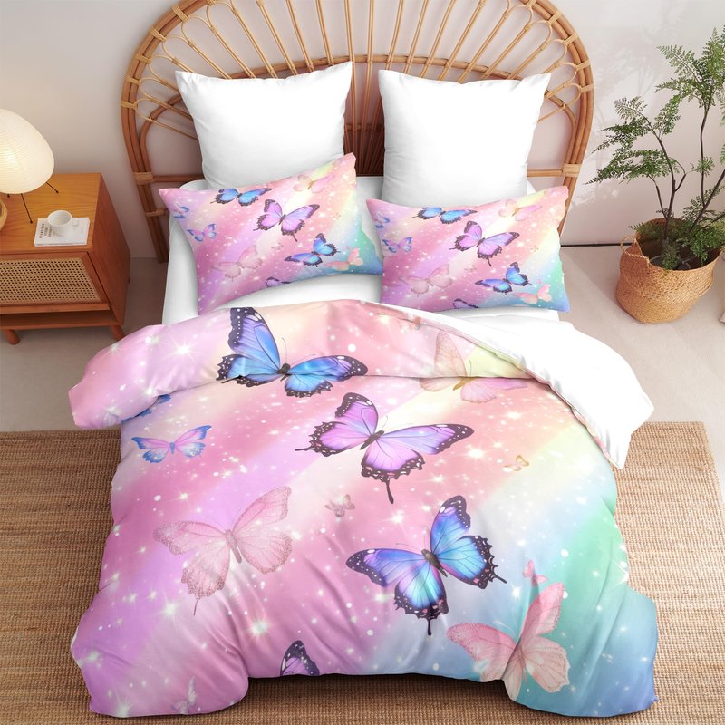 CCoutueChen Gradient Rainbow Comforter Set Queen Girls Kids, 3pcs Sparkling Butterfly Soft Bedding Set with 2 Pillowcases (90" X 90")