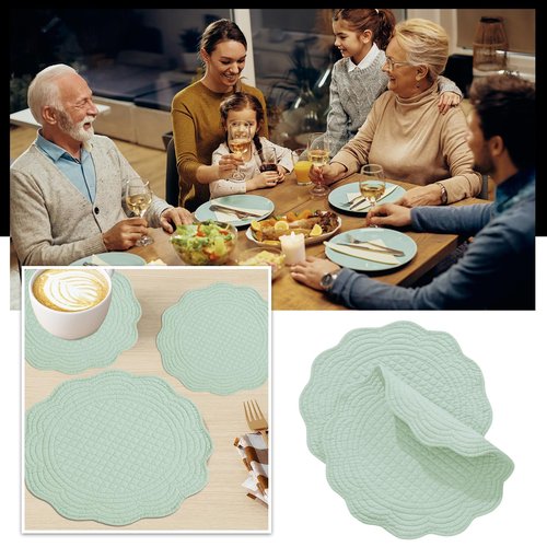BALAPET Quilted Placemats Set of 6, 100% Cotton 14" Table Mats Farmhouse Style, Reversible Round Tabletop with Scalloped Edges for Kitchen Dinner Party Holidays, Sage Green