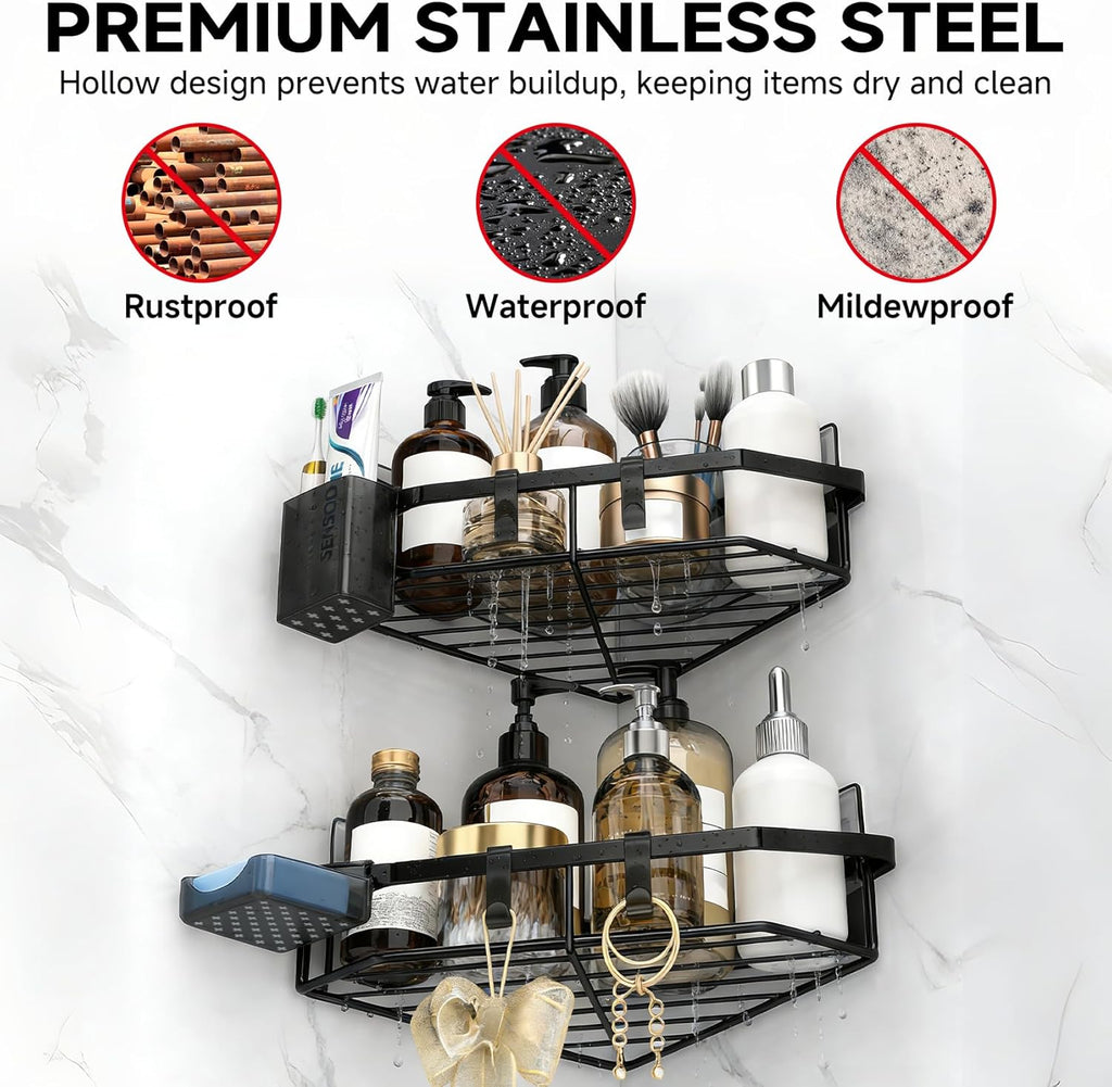 Skiennix Corner Shower Caddy - 5-Pack Adhesive Organizer Shelves | No-Drill Stainless Steel Storage Rack in Black