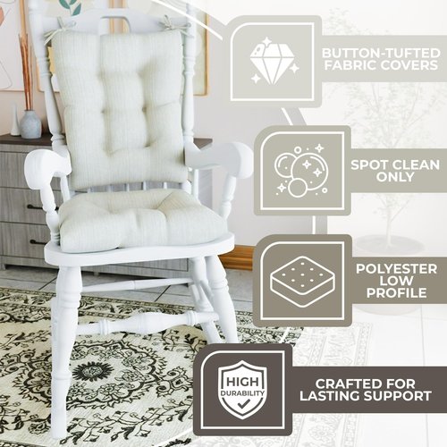 Klear Vu The Gripper Non-Slip Rocking Chair Cushion Set with Thick Padding, Includes Seat Pad & Back Pillow with Ties for Indoor Living Room Rocker, 17x17 Inches, 2 Piece Set, Ivory