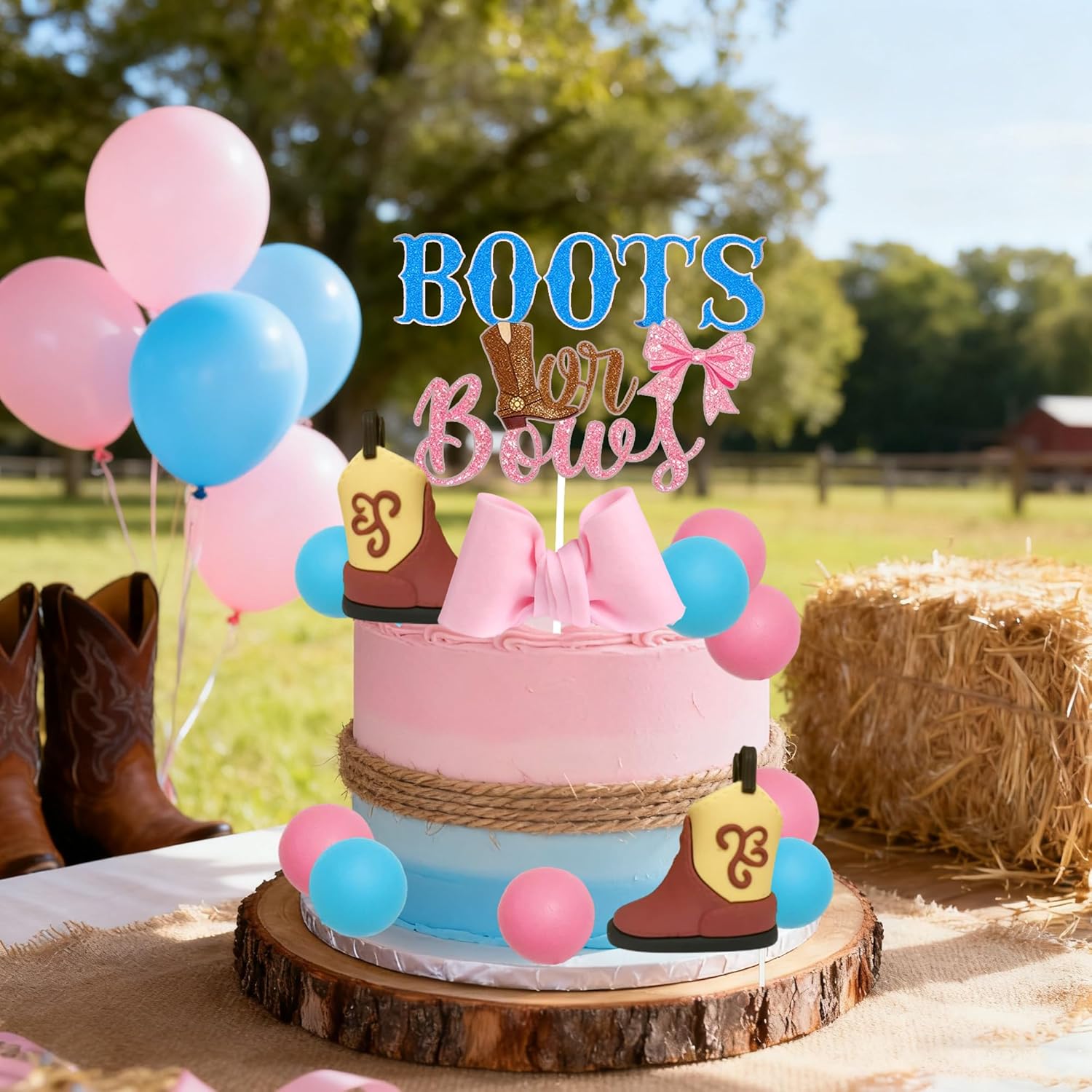 Skiennix Gender Reveal Cake Decorations - Acrylic Boots & Bows Cake Toppers Set for Baby Shower
