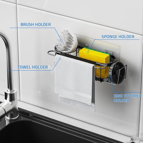 Cisily Kitchen Sink Caddy - Stainless Steel Sponge Holder & Organizer | 2 Installation Options (Suction & Adhesive)