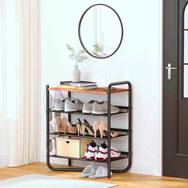 CHEMPFR Industrial Shoe Rack 4-Tier with Wooden Top - Heavy Duty Metal Frame, Space Saving Entryway Organizer Holds 16 Pairs, 25x12x28 Inch