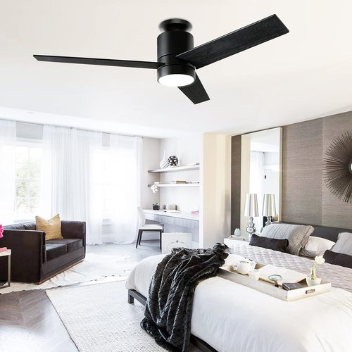 Flybull 52’’ Ceiling Fans with Lights Remote Control: Black Flush Mount Ceiling Fan for Bedroom - Quiet Low Profile Ceiling Fan 6 Speed & LED Light