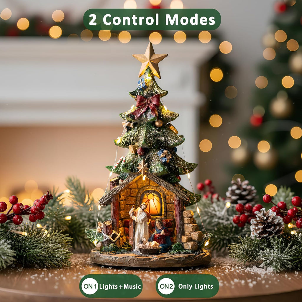 VISFLAIR 12'' Christmas Tree Nativity Scene - Lighted Musical Holy Family Figurines with LED & Silent Night Music