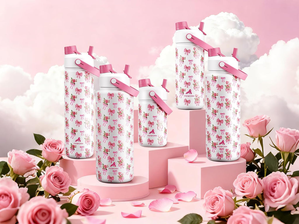 POWCAN 40 oz Insulated Water Bottle - 2-in-1 Straw & Spout Lid | Keeps Drinks Cold 24H, BPA-Free (Rosy Bouquet)