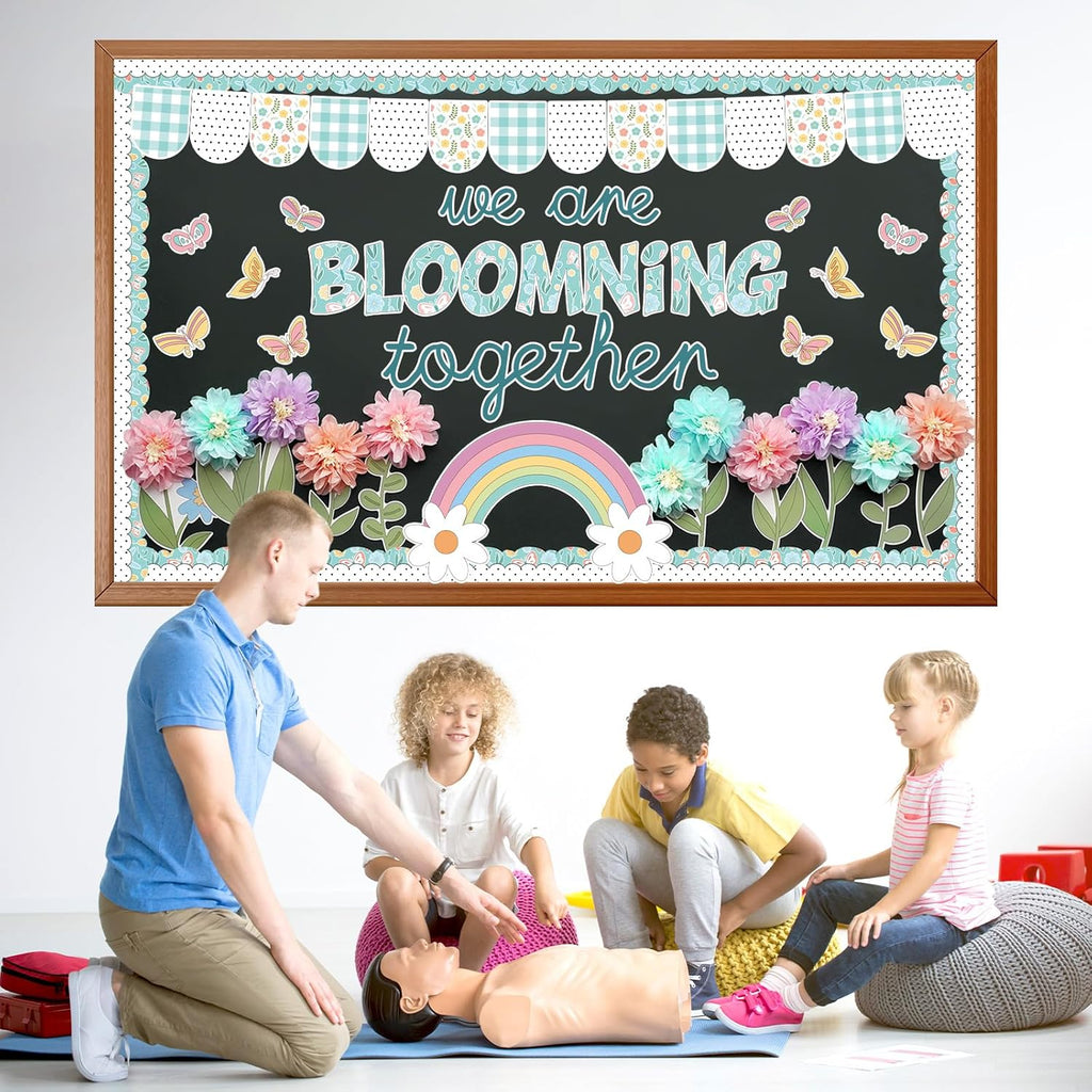 Skiennix Flower Bulletin Board Decorations - 3D Tissue Paper Pompoms & Butterfly Cutouts | Floral Classroom Decor