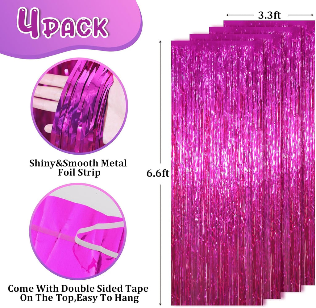 Voircoloria 4 Pack Pink Foil Fringe Backdrop Curtains - Tinsel Streamers for Birthday, Graduation & Baby Showers