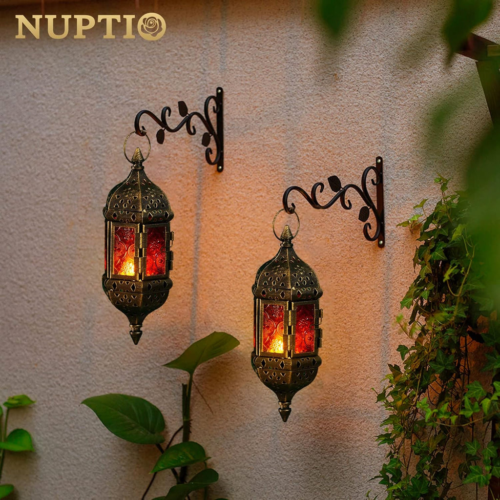 Skiennix Hanging Hexagon Candle Lantern - Handmade Moroccan Tea Light Holder in Brown Metal & Colorful Glass