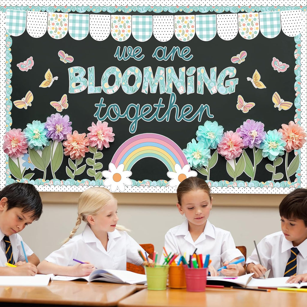 Skiennix Flower Bulletin Board Decorations - 3D Tissue Paper Pompoms & Butterfly Cutouts | Floral Classroom Decor