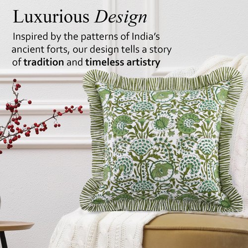 CPC Block Print Ruffle Throw Pillow Covers - Agate Green 16"x16" | 100% Cotton Boho Decorative Cases for Living Room & Bedroom