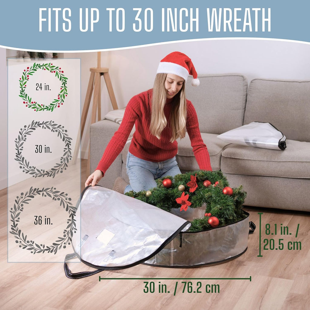 VENO Wreath Storage Container - 30 Inch Heavy Duty Clear Bag with Wall Hanging Handles | 4 Pack