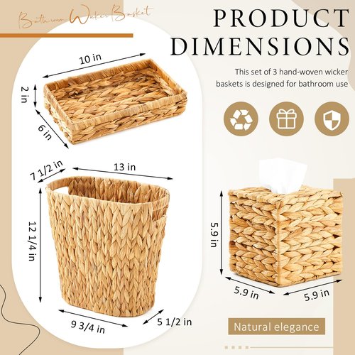 3 Pcs Bathroom Wicker Basket Set Wicker Trash Can Waste Paper Basket Rattan Tray Tissue Square Box Holder Bathroom Set Accessories for Bedroom Kitchen Office Spring Easter Boho Organizer Decoration