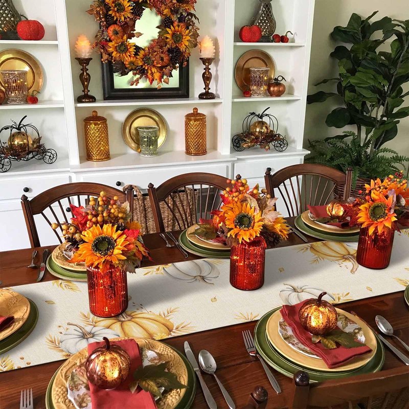Fall Pumpkins Table Runner - 90 Inch Long, Grey Golden-yellow Pumpkin Thanksgiving Dining Table Runner Dresser Scarves, Maple Leaf Farm Harvest Decor for Coffee Table Wedding Party Banquet, 13x90 in