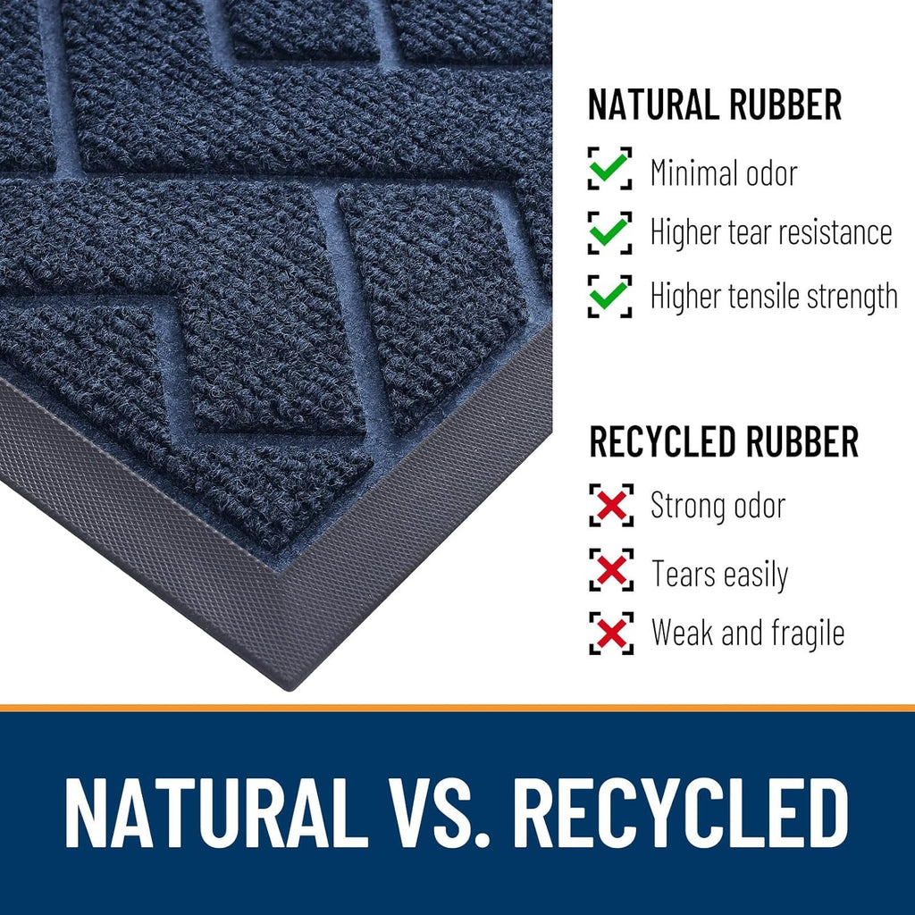 OLANLY Waterproof All-Season Front Door Mat - Sturdy Natural Rubber, Low Profile, Herringbone Brick (Blue, 47x17)
