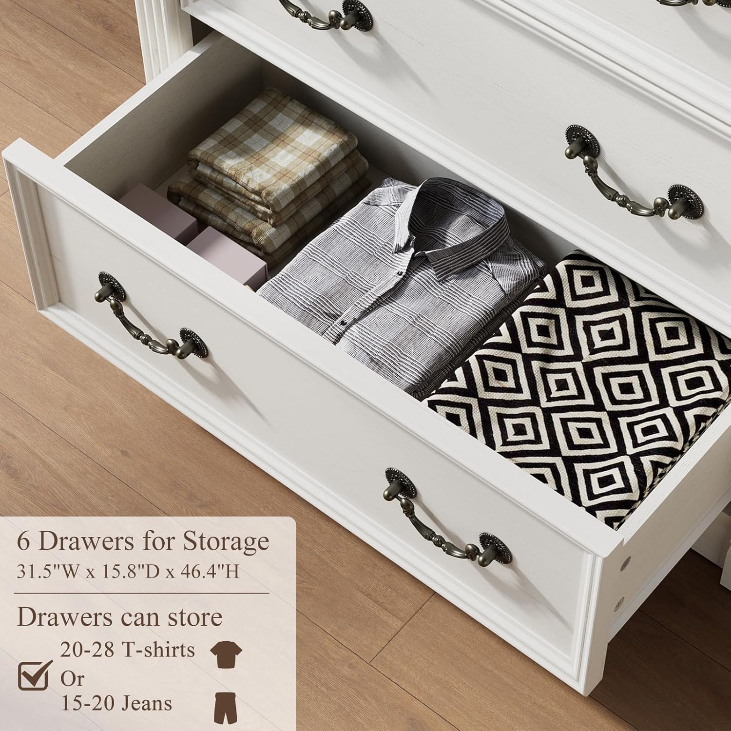 Regine Switzerland 6-Drawer Dresser - Rustic White Tall Chest with Chic Wood Pilasters | 47" Bedroom Organizer