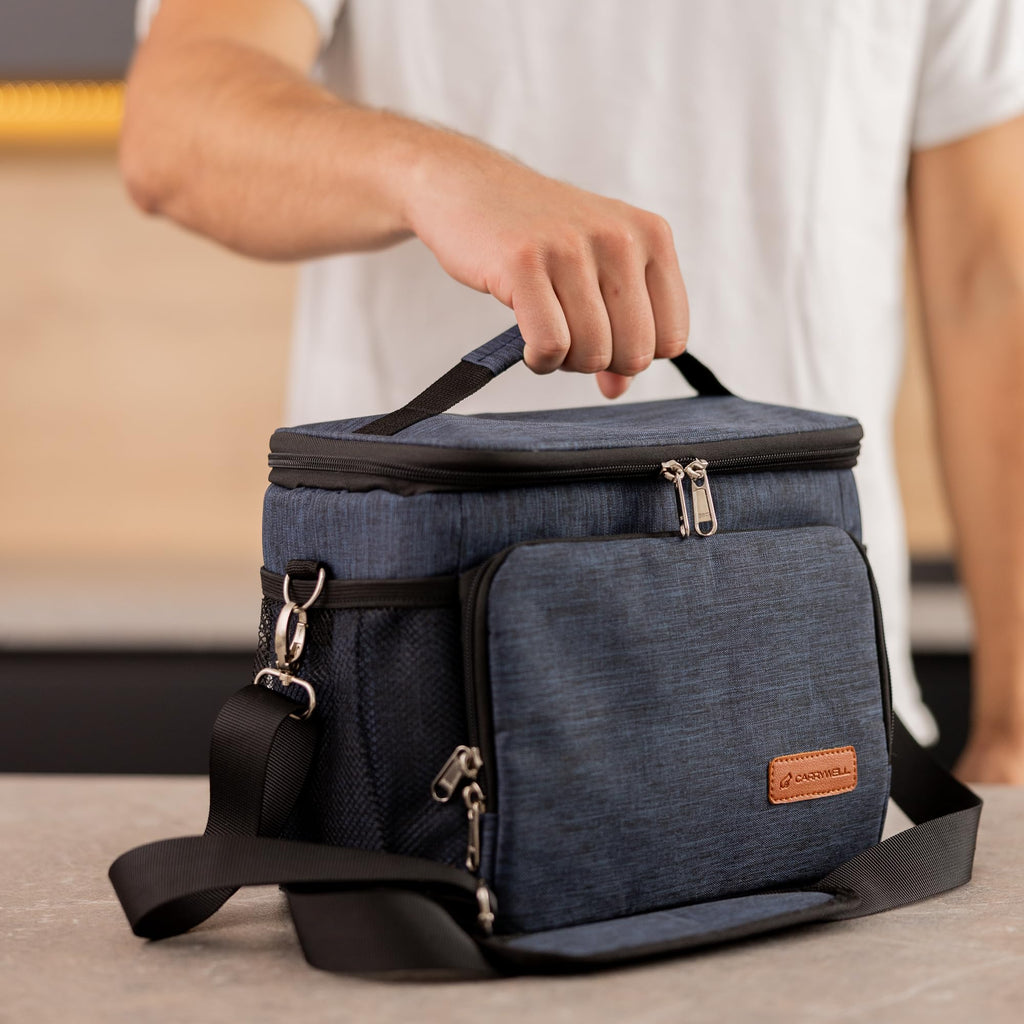 (Not Made in China) Insulated Lunch Bag, Men's Lunch Box, Leakproof, Collapsible, Soft Sided Cooler W/Adjustable Shoulder Strap (Navy Blue)