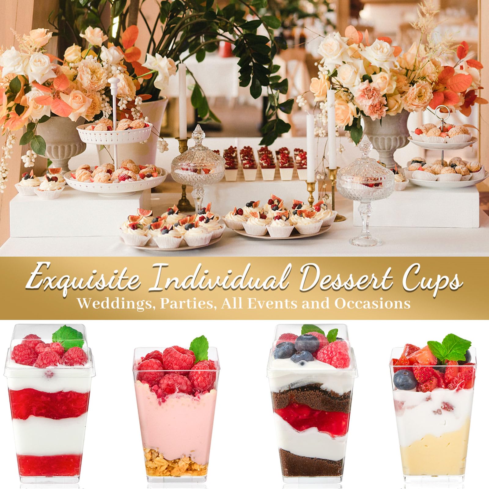 TOFLEN 50 Pack 5 oz Plastic Dessert Cups with High Lids for Party, Mini Dessert Cups with Spoons Dessert Shooter Cups for Yogurt Parfait, Appetizer, Pudding, Fruit and Ice Cream