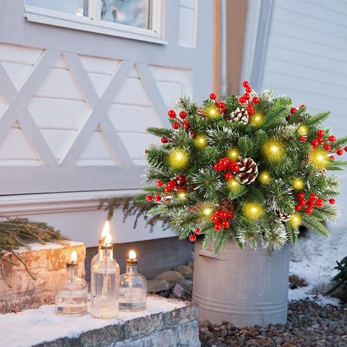 Juegoal Pre-Lit Christmas Tree Urn Filler - Lighted Artificial Pine Trees with 8 Modes & Timer | Battery Powered Holiday Decor