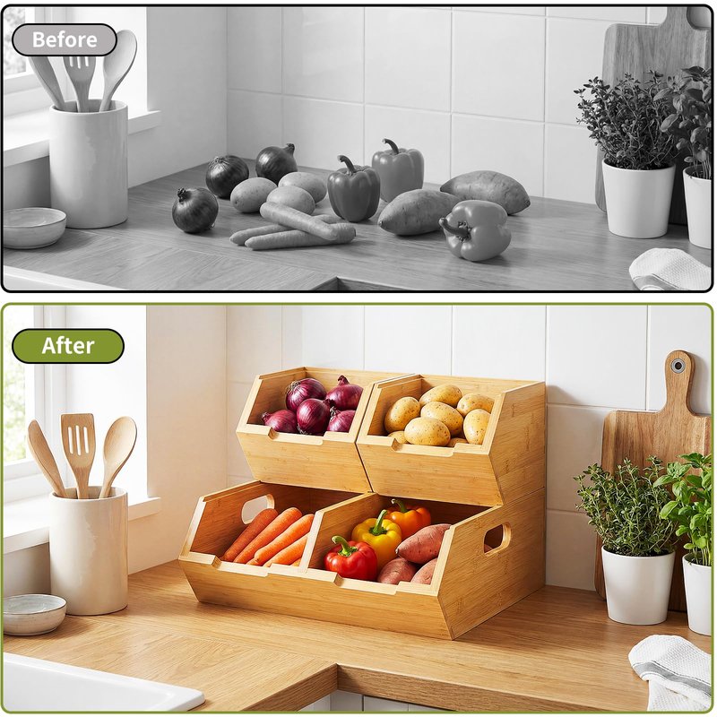 Bambition Bamboo Pantry Storage Bins for Vegetables, Potato and Onion Storage Bin for Pantry, Produce Bins for Kitchen Counter