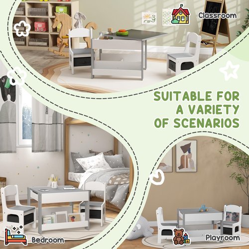 Qaba 3 Piece Kids Table and Chair Set, 4 in 1 Toddler Wooden Activity Table with Reversible Tabletop Blackboard, Storage & Bookshelves for Playroom, Nursery, Gray