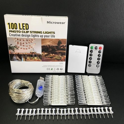 Microwear 33Ft LED Photo Clip String Lights - USB/Battery Powered, 8 Modes, Remote Control | Perfect for Bedroom & Wedding Décor