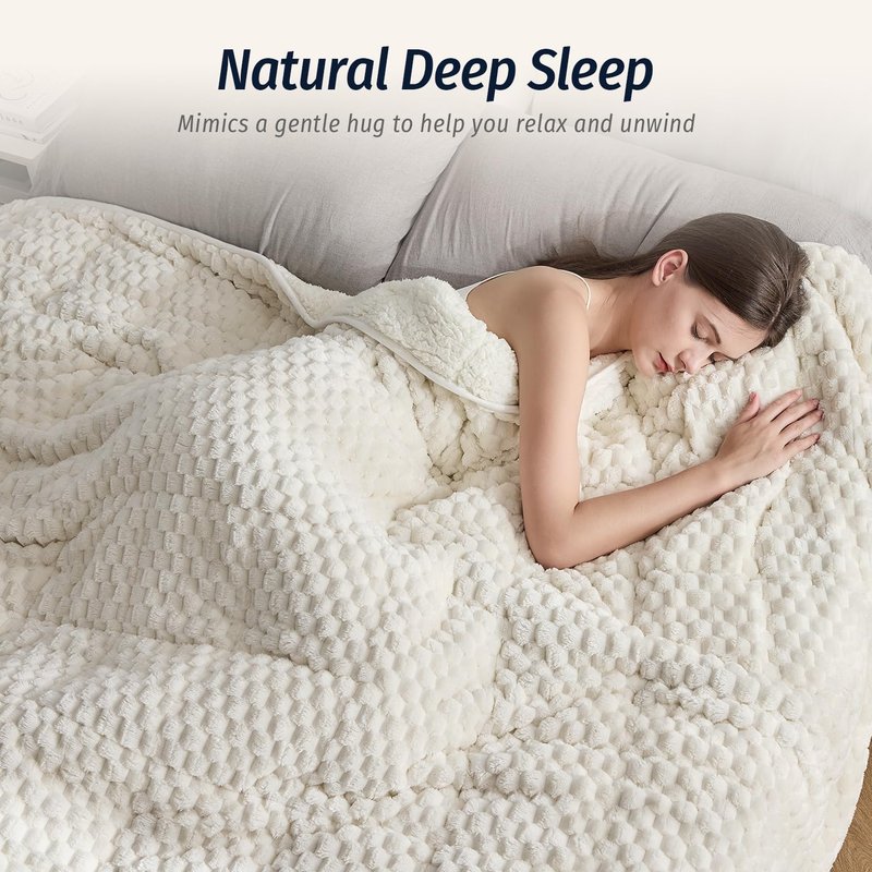 Wemore Fleece Weighted Blanket for Adults (60" x 80" 15lbs, Cream White), Dual Sided Cozy Soft Sherpa Heavy Blanket with 3D Imitation Turtle Shell Warm Jacquard Flannel for Couch and Bed