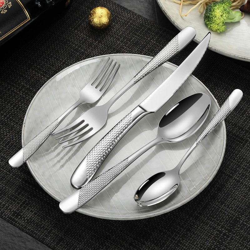 Lemeya 40-Piece Hammered Silverware Set for 8,18/10 Stainless Steel Flatware Set with Serrated Forged Knives,Heavy Duty Cutlery Set for Home & Party Restaurant,Mirror Polished, Dishwasher Safe