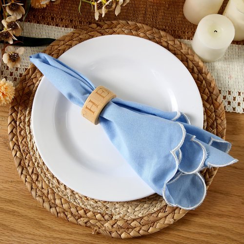 Mindsoft Wedding Cloth Napkins Scalloped Embroidered Dinner Napkins 100% Cotton Reusable Washable 18 x 18 Inch Decorative Table Napkin for Wedding Dinner Restaurant Party Decoration(Blue,8 Pcs)