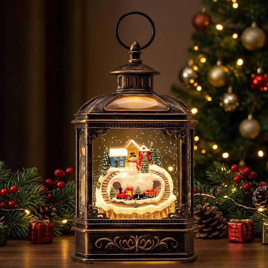 VISFLAIR Snow Globe Lantern - Musical Lighted Christmas Village with Snowman & Train | Battery Operated or USB Powered