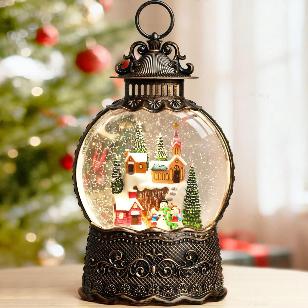 Priddop Village Snow Globe - Musical Christmas Decoration with Snowman Scene | 10.6 Inch USB/Battery Timer