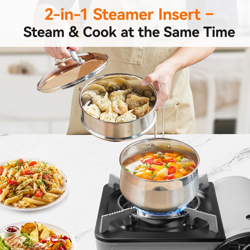 WANGYUANJI 2.5 Quart Stainless Steel Saucepan with Steamer Basket - 2-in-1 Multipurpose Steamer Pot for Cooking, Veggies & Pasta - Tri-Ply Bottom Induction Sauce Pan with Glass Lid, Silver