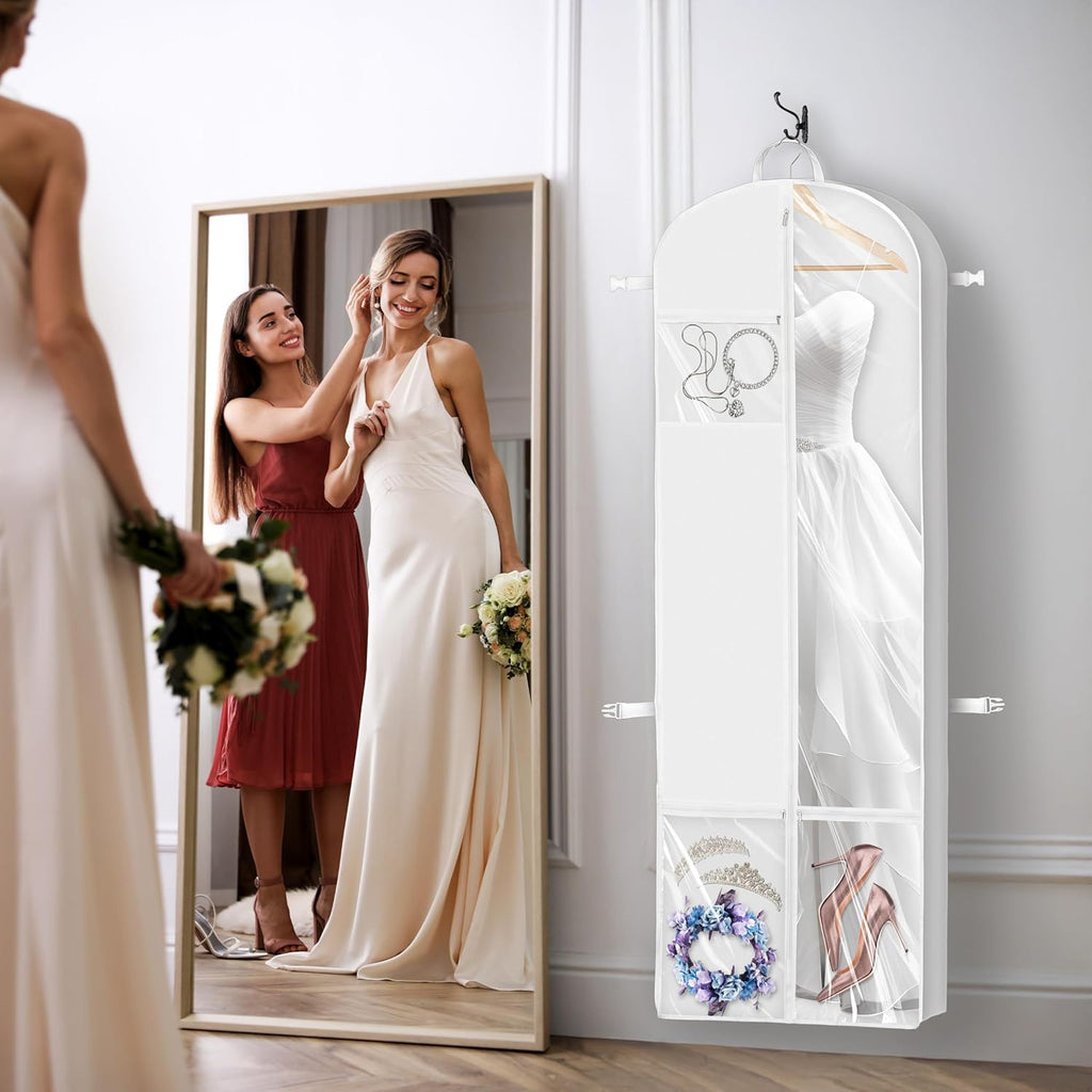 Simple Houseware Wedding Dress Garment Bag - 70-Inch Long, 8-Inch Gusseted Design with Pockets, White