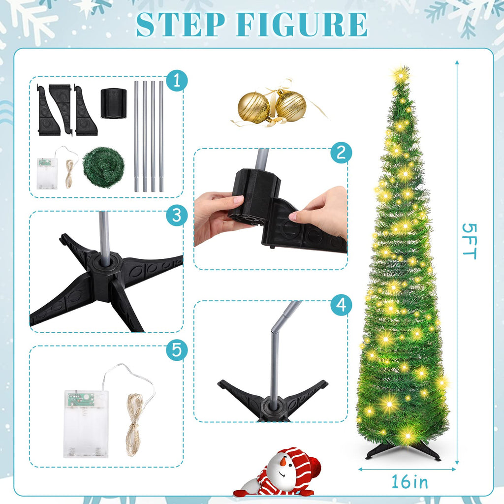 HyDren 2 Pack 5 ft Pop up Christmas Trees with Pre Lit Lights Artificial Pull up Christmas Tree PVC Collapsible Xmas Slim Tree with String Light for Home Xmas Party Decorations Install