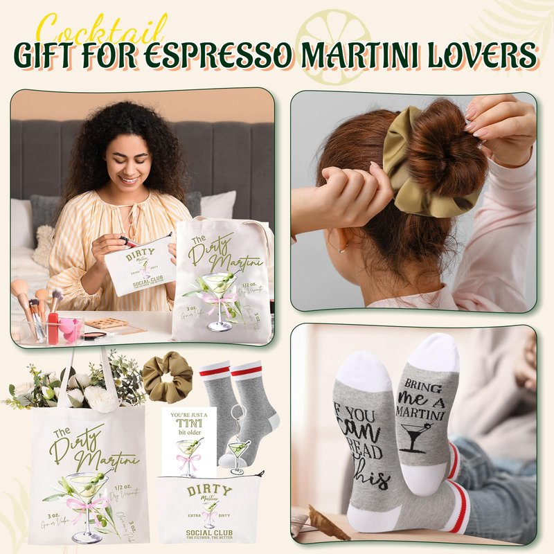 Paterr 6 Pcs Martini Gift Includes Makeup Bag, Martini Tote Bag, Acrylic Keychain, Hair Scrunchy, Martini Socks, Martini Birthday Cards for Bachelorette Party Cocktail Martini Lover Gift Decoration