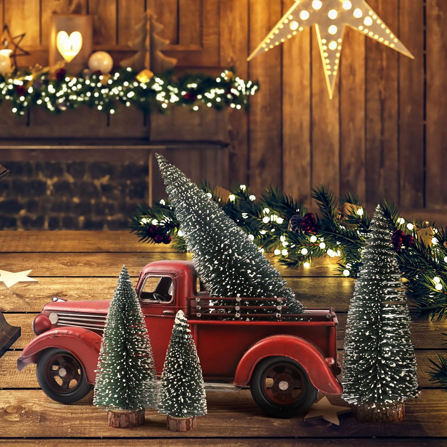 Skiennix Mini Christmas Tree - Small Pine Tabletop Decor with Wooden Bases | Green - Set of 4