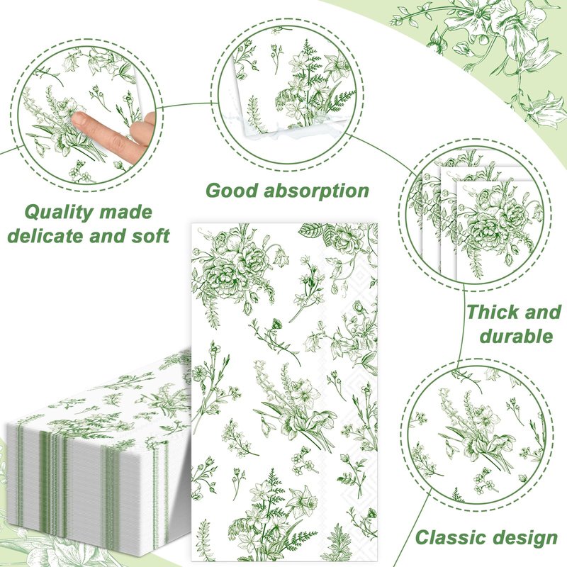 50 Pcs Green Floral Guest Napkins Summer Greenery Flower Chinoiserie Paper Napkins Party Supplie Sage Green Floral Disposable Hand Towel Tissue for Dinner Luncheon Party Birthday Baby Shower Favor