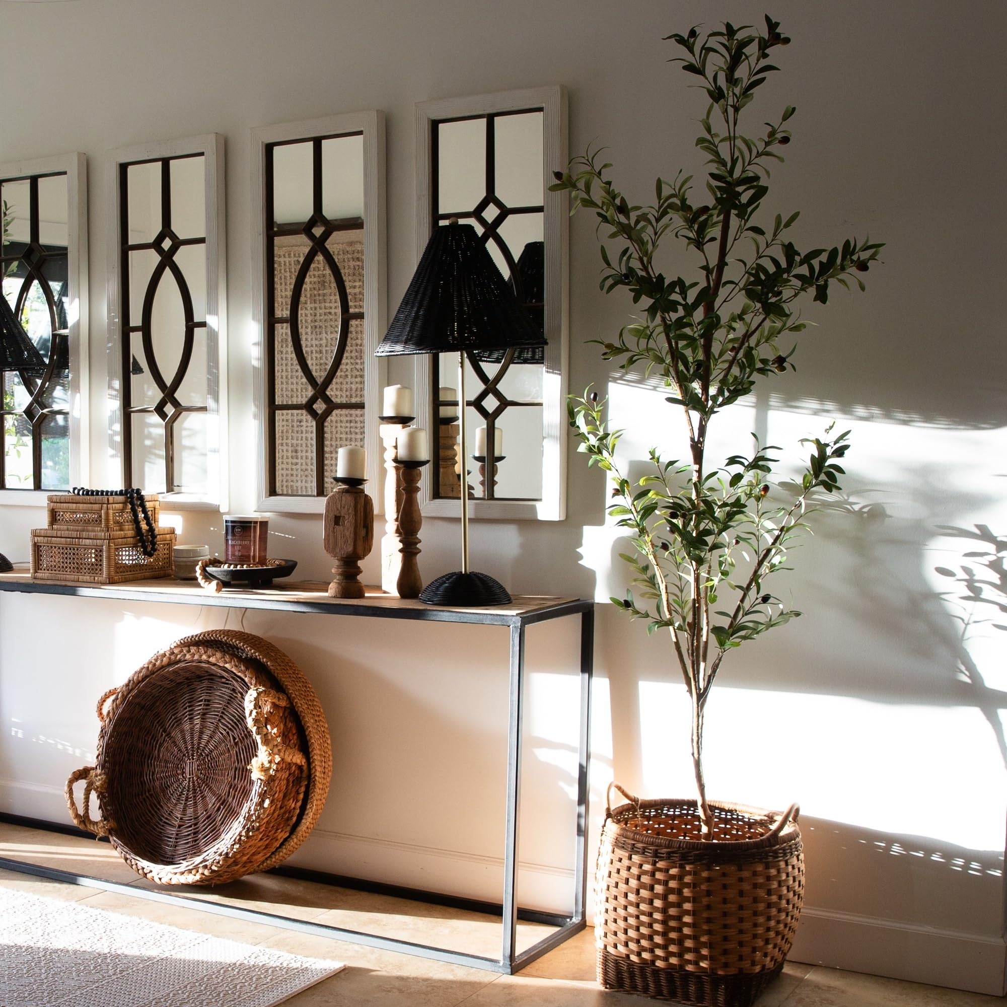 Nearly Natural Olive Tree Artificial Indoor 7FT Tall Silk Faux Olive Tree for Home and Office Decor, Fake Potted Olive Tree with Natural Wood Trunk, Realistic Olive Tree Branches and Lifelike Fruits