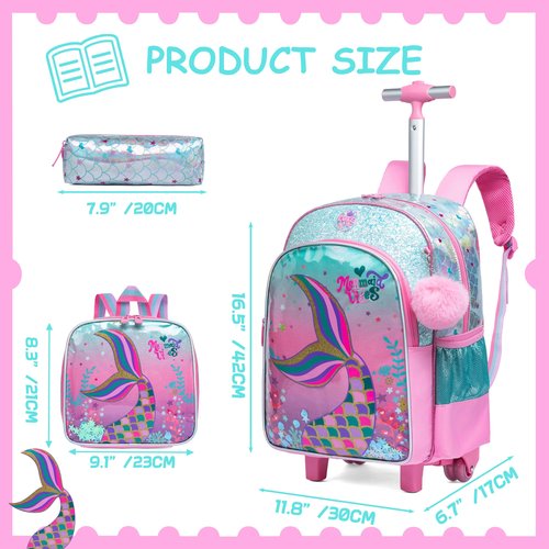 ZBAOGTW Mermaid Rolling Backpack for Girls with Lunch Box Kids Backpack with Wheels for School Cute Kids Rolling Backpacks for Girls Kindergarten
