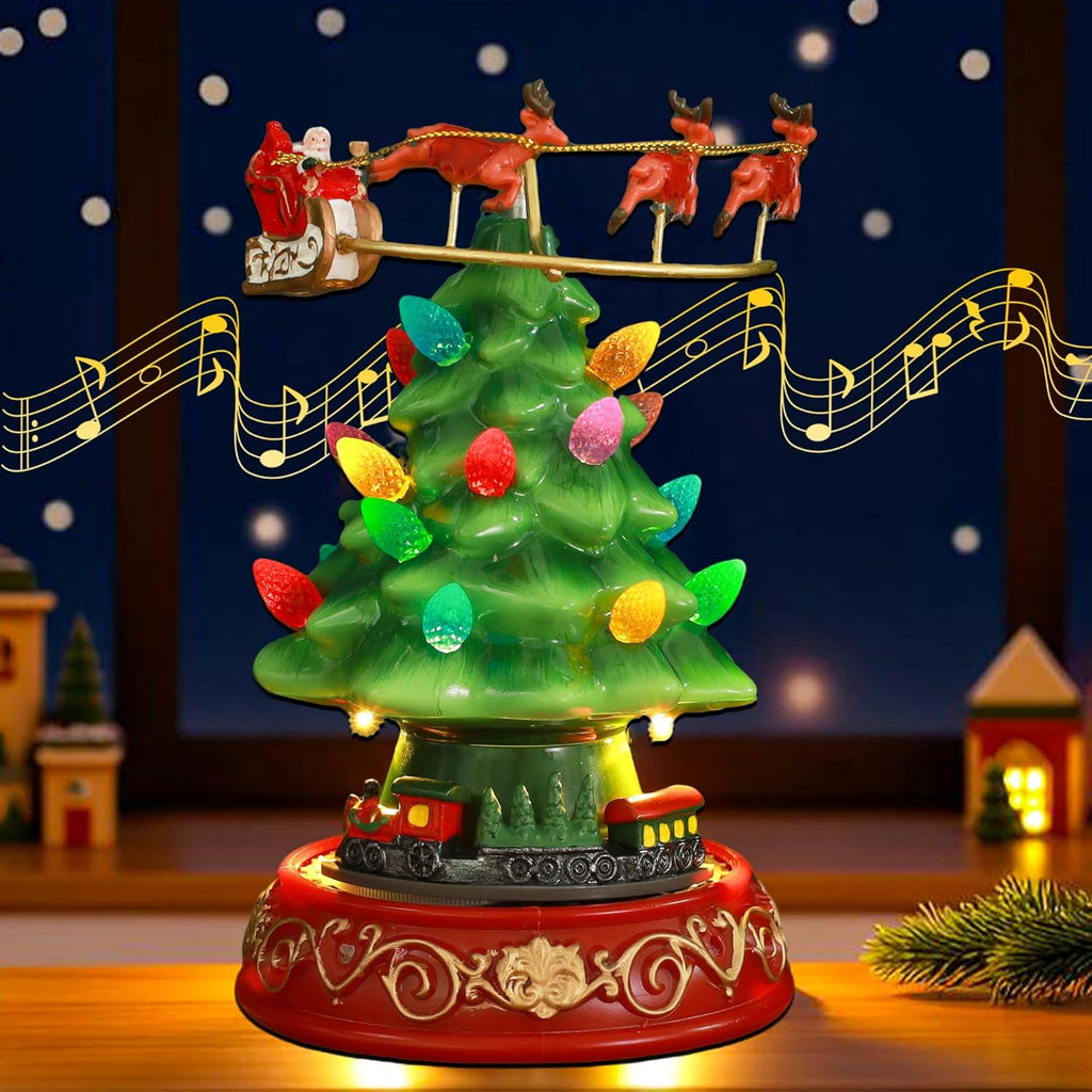 Skiennix Musical Pre-Lit Artificial Christmas Tree - Spinning Train & Elk Figurines | Holiday Tabletop Decor