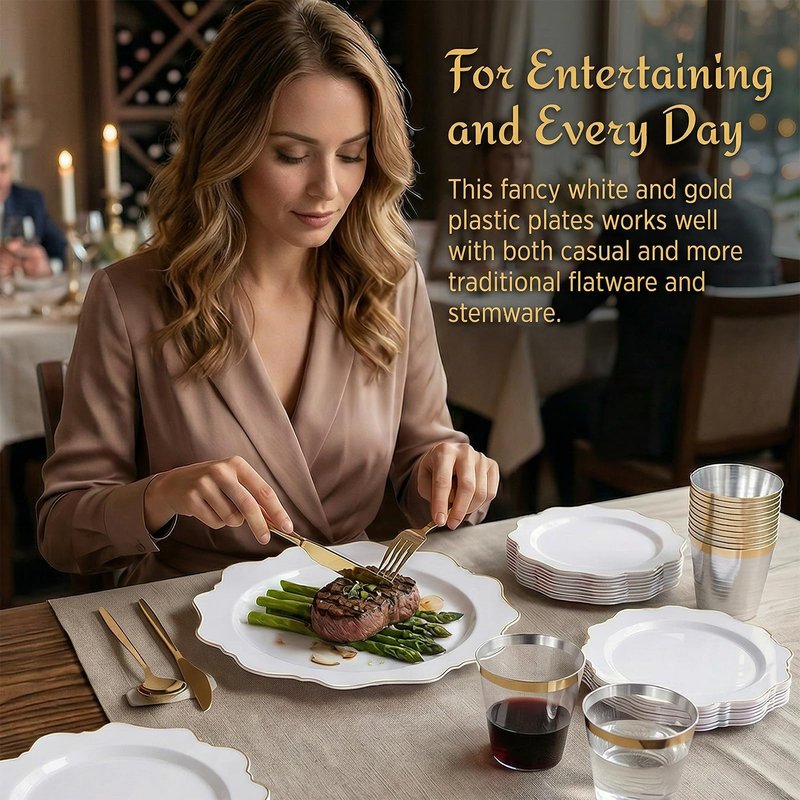 WDF 350PCS White and Gold Plastic Plates - Gold Plates Disposable 50Guest Plastic Dinnerware Ideal for Party/Wedding/Birthday/Mother's Day