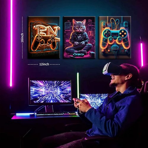 Eysintum Gaming Wall Art - Retro Video Game Controller & Cat Canvas Prints | 12x16in Set of 3 for Boys' Room