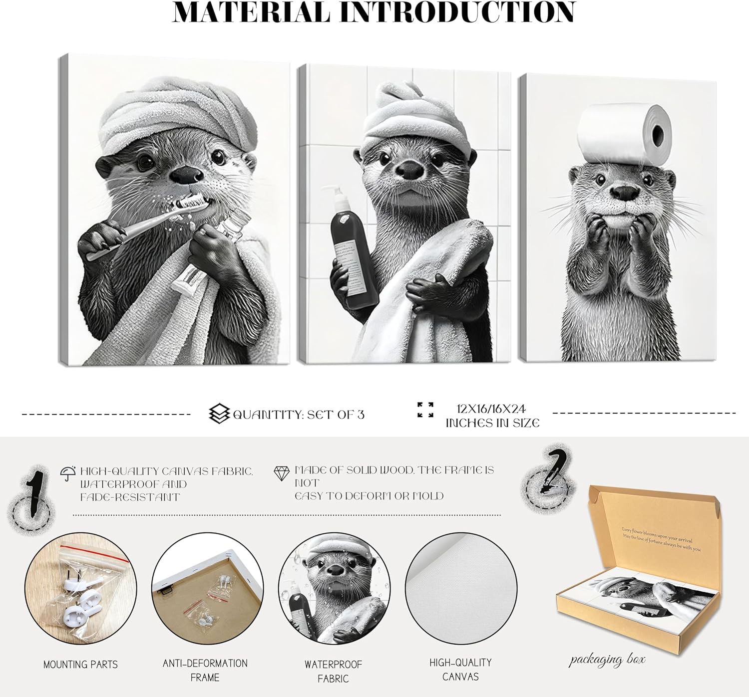Otter Canvas Wall Art Set by Cute Bathroom | Funny Black and White Prints for Farmhouse Decor | 12x16 Inch
