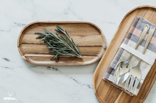 SPEShh Acacia Wooden Serving Trays Set of 2 - Rectangular Oval Shaped Wood Plates for Charcuterie Cheese Bread Fruit Vegetable Dip Sushi - Rustic Serving Platter Shallow Dishes -14x7 & 11x5.5 In.