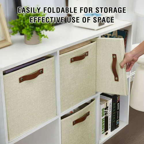 Bagnizer Collapsible Fabric Storage Cube Bins - Foldable Organizer Baskets with 2 Handles | 13"x13"x13", Beige, 4 Pack