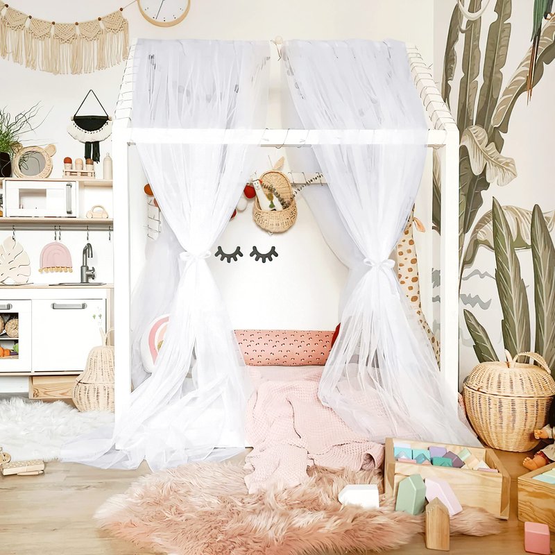 NICETOWN Decorative White Bed Canopies & Drapes for Kids Room - Voile Sheer Toddler Bed Canopy Curtain Scarf Valance DIY for Bedroom/Party (1 Panel, W114 x L180)
