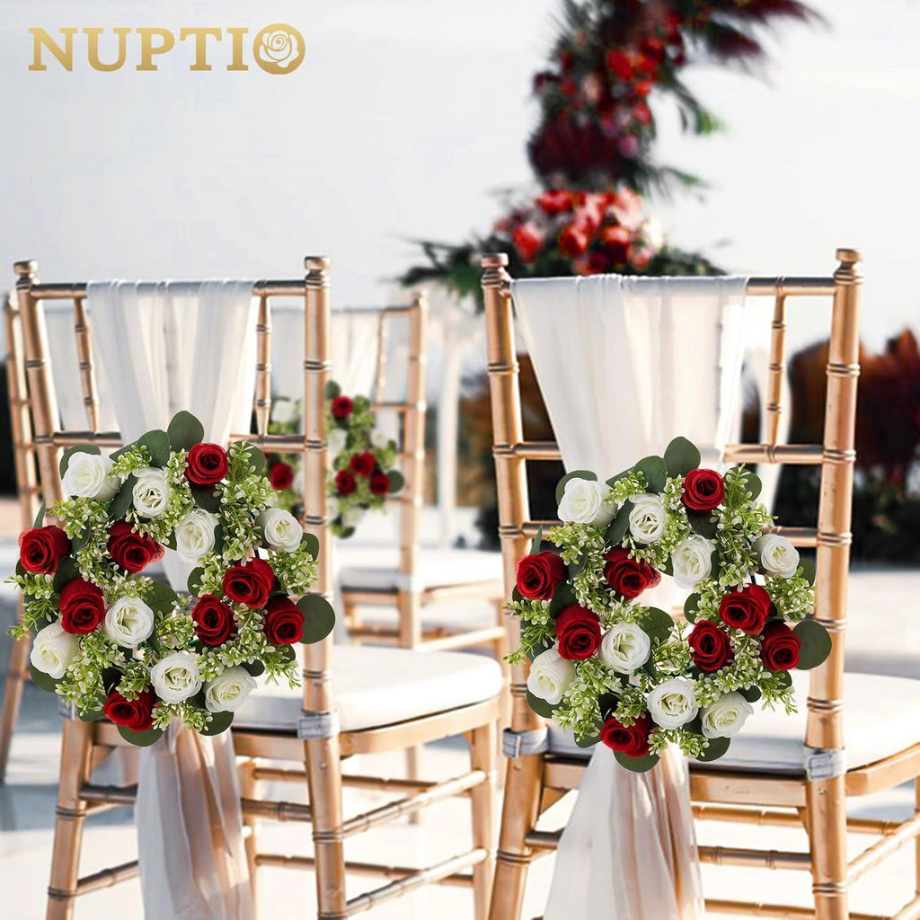 NUPTIO Candle Rings | 13.4 Inch Crimson & White Flower Rose Wreaths for Weddings & Christmas Decor - 2 Pcs