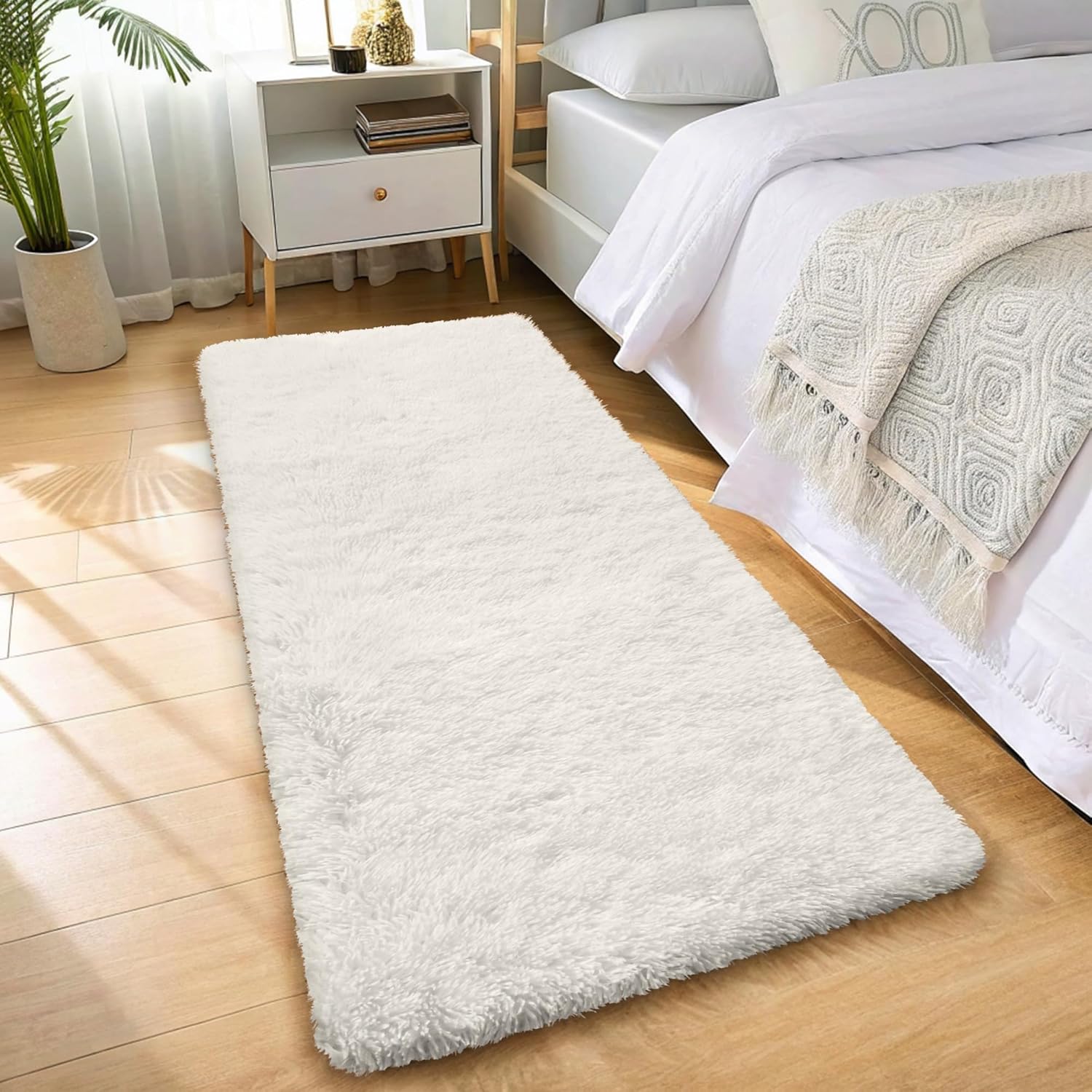 OLANLY 2x4 Machine Washable Runner Rug - Soft Fluffy Shaggy Carpet for Bedroom & Hallway | Ivory